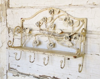 Wall Shelf,Vintage Inspired Wall Shelf,Metal Wall Shelf,Wall Shelf with Hooks,Entryway Shelf,French Country,Shabby Cottage,Chippy Paint
