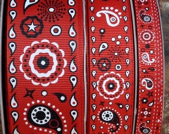 2 Yards 3/8", 7/8" or 1.5" Red Bandana Print Grosgrain Ribbon - US Designer