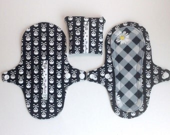 Reusable Everyday Pantyliner, Leak Resistant Light Menstrual Pad, 8 Inch Cloth Pad, White Skulls, Light Incontinence Pad, Female Prepper