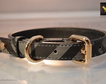 Black Designer Leather Dog Collar Crosshatch Texture Design For Small to Large Breeds - Neck 11" to 21"