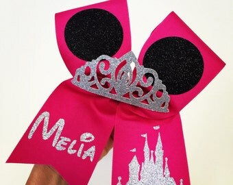 Hot Pink Minnie Mouse Ears Personalized bow with glitter tiara