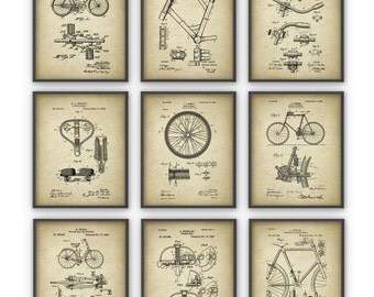 Bicycle Patent Prints Set of 9 - Cycling Inventions - Bicycle Wall Art Posters - Handlebar - Pedal - Frame - Wheel - Cycling Gift Idea