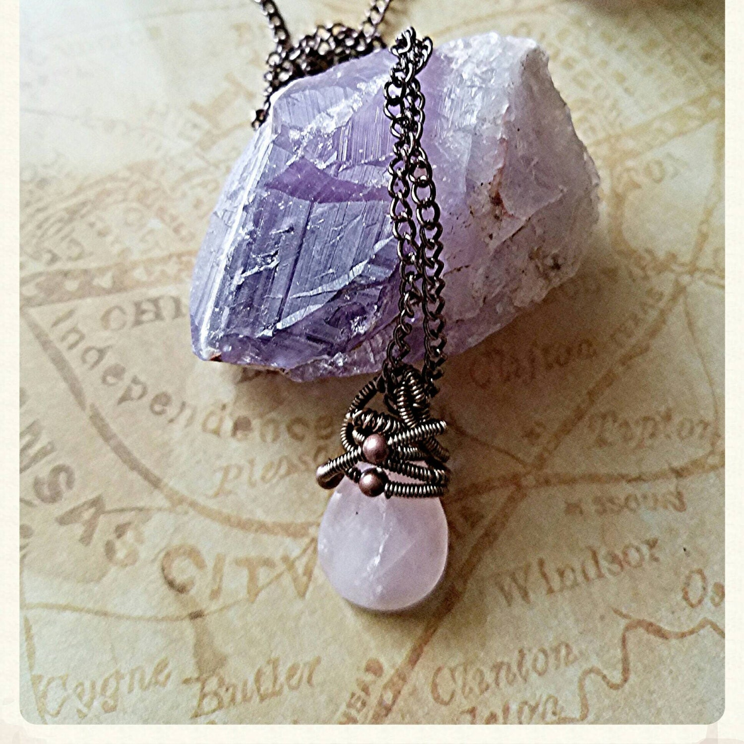 Rose Quartz Wire Wrapped Copper Pendant on Copper Chain Simple