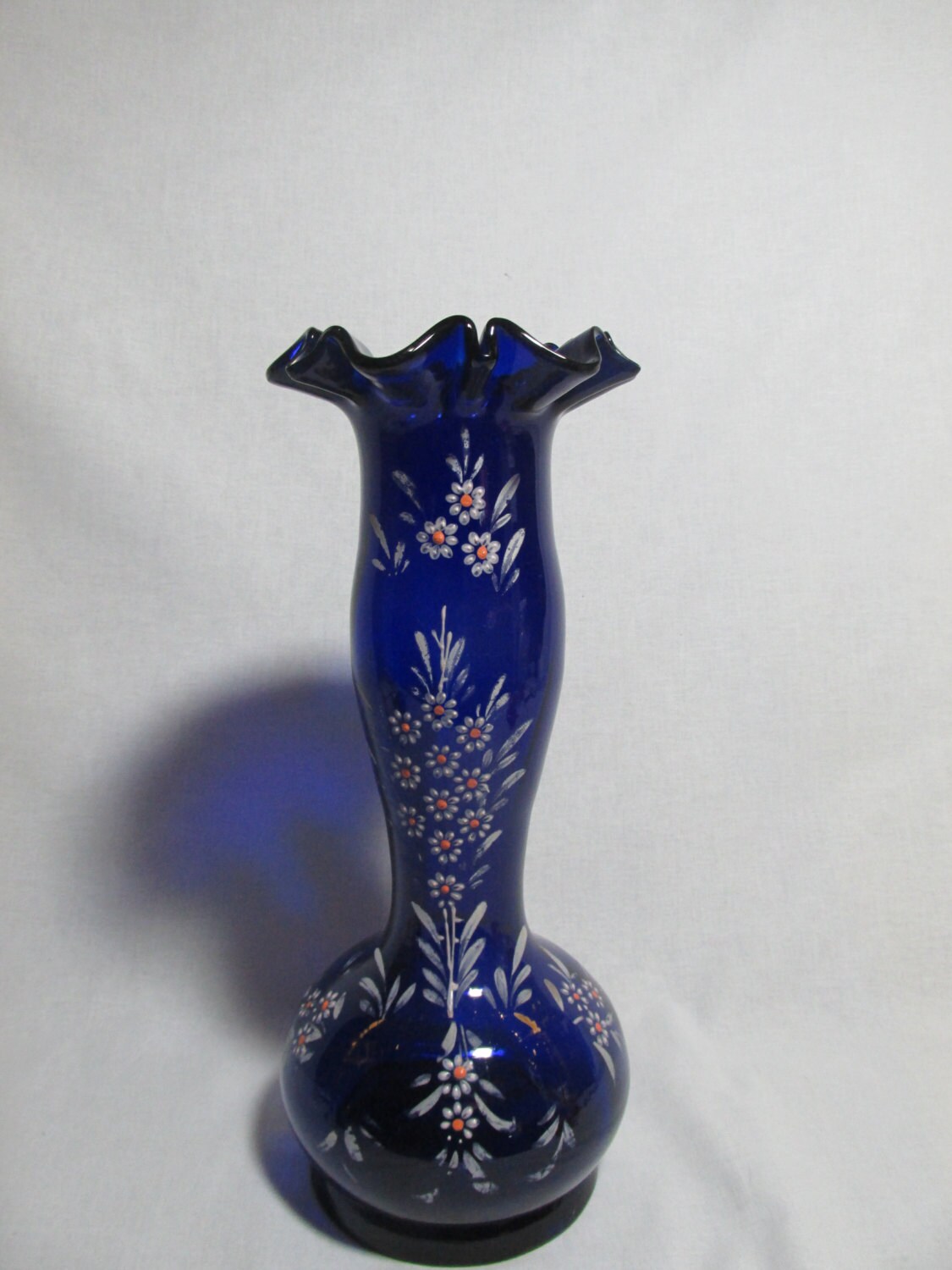 Cobalt Blue vase Antique Bohemian Hand blown Enameled hand