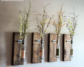 Wine Bottle Wall Vase / Set of Four - Rustic Modern Decorations - Wine Decor - Wine Bottle Holders - Wine Bottle Set - Farmhouse Chic Style