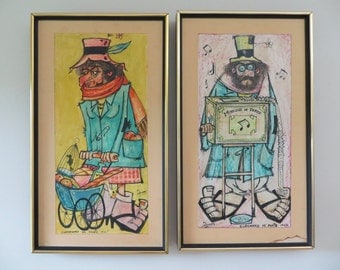 ON SALE-Vintage French Caricature Art (Set of Two) - Clochards de Paris 1964 and 1965 (French Hobos - Bums) Original French Art - Boho Art