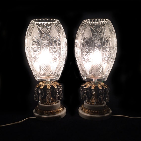 Pair of Vintage Crystal Cut Glass Table Lamps with Prisms and