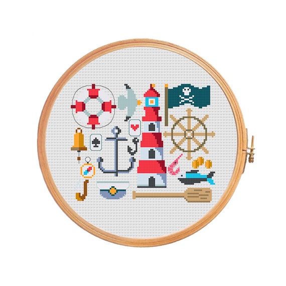 Marine sampler modern cross stitch pattern anchor lifeline
