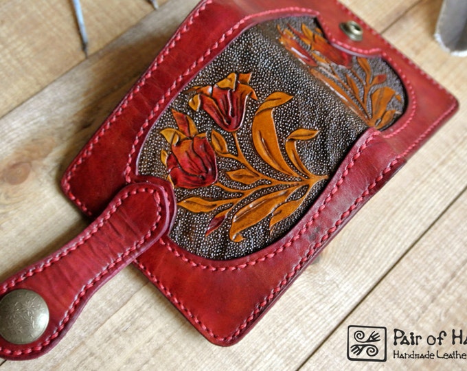 leather wallet/ tooling leather/ handmade/flower/modern/red wallet/