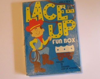 Lace Up Fun Box. Vintage lacing cards from Warren Paper Co. Lafayette, IN. 25 lacing cards with plastic tip yarn in original box.