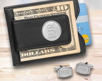 Personalized Money Clip and cufflinks set - Personalized Leather Wallet & Monogrammed Cuff Links - Gifts for Him - Gifts for Dad - 1365 1370