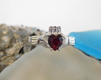 Garnet CZ Birthstone Claddagh Ring -Sterling Silver made with Swarovski Stones. January Birthstone