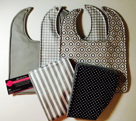 Grey Baby Bib & Burp Cloth Set