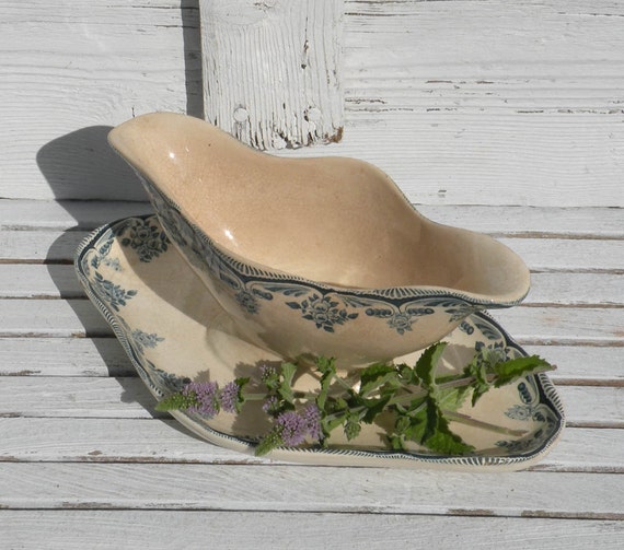 French antique ironstone sauce boat vintage gravy boat teal
