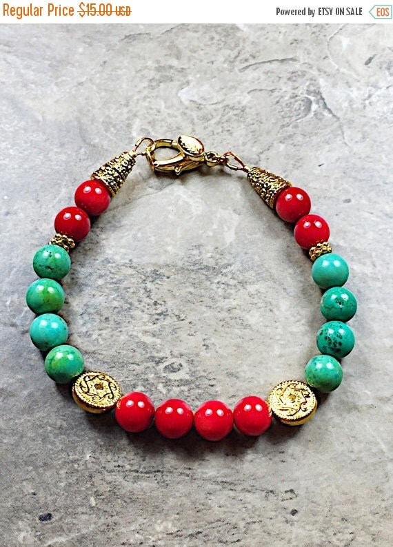 Red and Green Bracelet Red Coral Bracelet by Luzjewelrydesign