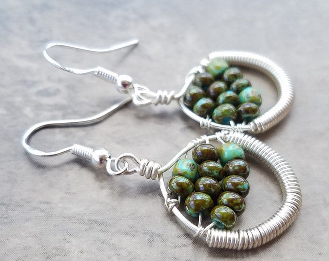 Silver and green earrings, coil silver earrings, silver wire coil earrings, green earrings, silver green earrings