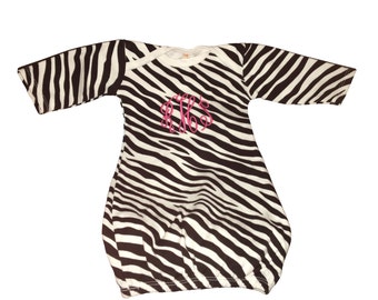 Monogrammed baby sleeper gown. Animal print, Cheetah or Zebra.