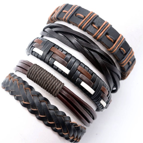 Leather Bracelet Set 5 Piece Bracelets for Man or Women