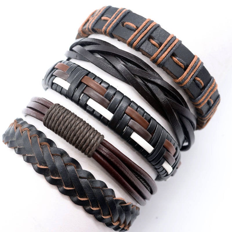 Leather Bracelet Set 5 Piece Bracelets for Man or Women