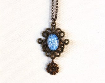Blue Hydrangea Flower Floral Necklace Antique Brass Finish Pendant Necklace with Flower Charm