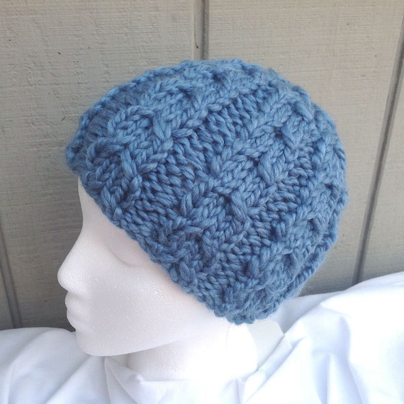 Womens blue beanie Chunky knit beanie Cable knit hat