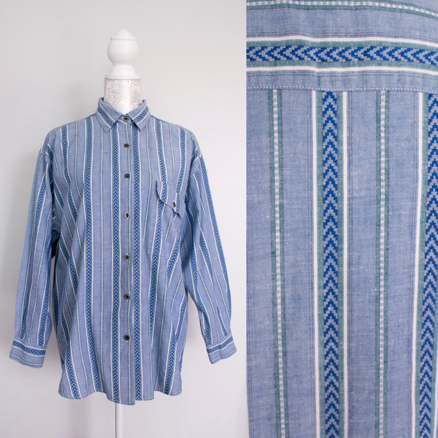 90s Vintage Mens Button Down Shirt Stripes Chevron Hipster Blue