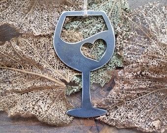 Wine Christmas Ornament Love Vino Heart Rustic Metal Christmas Tree Ornament Holiday Gift Industrial Decor Wedding Favor By BE Creations
