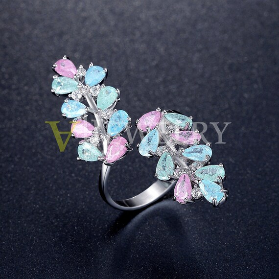 White Gold Leaf Ring Long Ring Wrap Ring Pink Blue