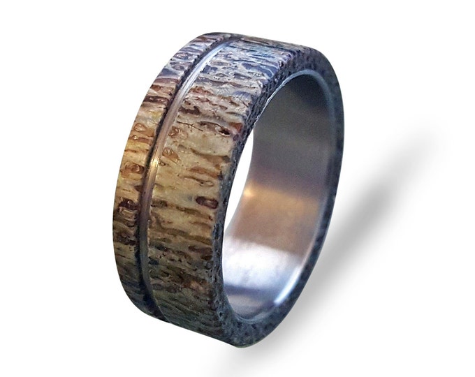 Antler Mens Ring, Titanium Ring With Antler, Bone Ring, Mens Titanium Wedding Band