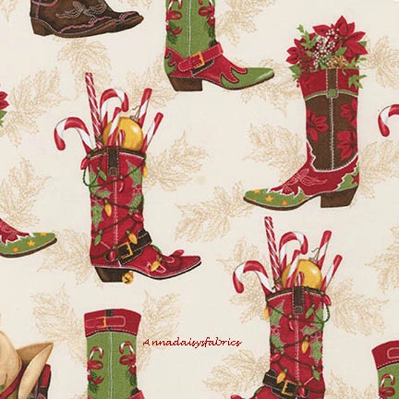 Cowboy Boots Christmas Fabric Robert Kaufman 15181 223 Holly