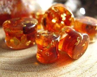 Baltic Amber Gauges, 24k Gold Plugs, Raw Amber Plugs, Gold Piercing, Crystal Tunnels, Gemstone Plugs, Warm Healing Energy, Double Flare