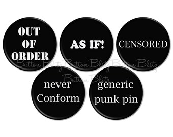 Punk Pinback Buttons, 5 Punk Pin Buttons, Punker Party Favor, EMO Goth Buttons, Punk Pin Badge - BB1546