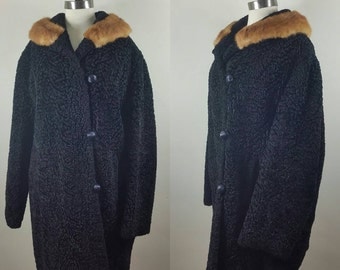 60s Faux Fur Coat Plus Size Curly Lamb with Real Mink Collar L+
