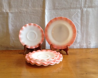 Set of Five(5) Wonderful PINK Scalloped HAZEL ATLAS Plates. Two Saucers and Three Dessert Plates. Known as Crinoline Pattern. Desireable