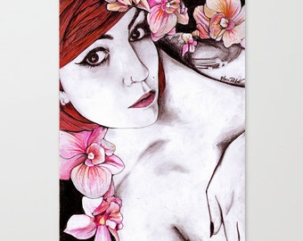 Nude Pencil Drawing, Graphite and Pastel Nude Woman Portrait,Paper, Drawing Small Wall Art Flowers Drawing Floral Art, 33x23 cm- 13x9 in