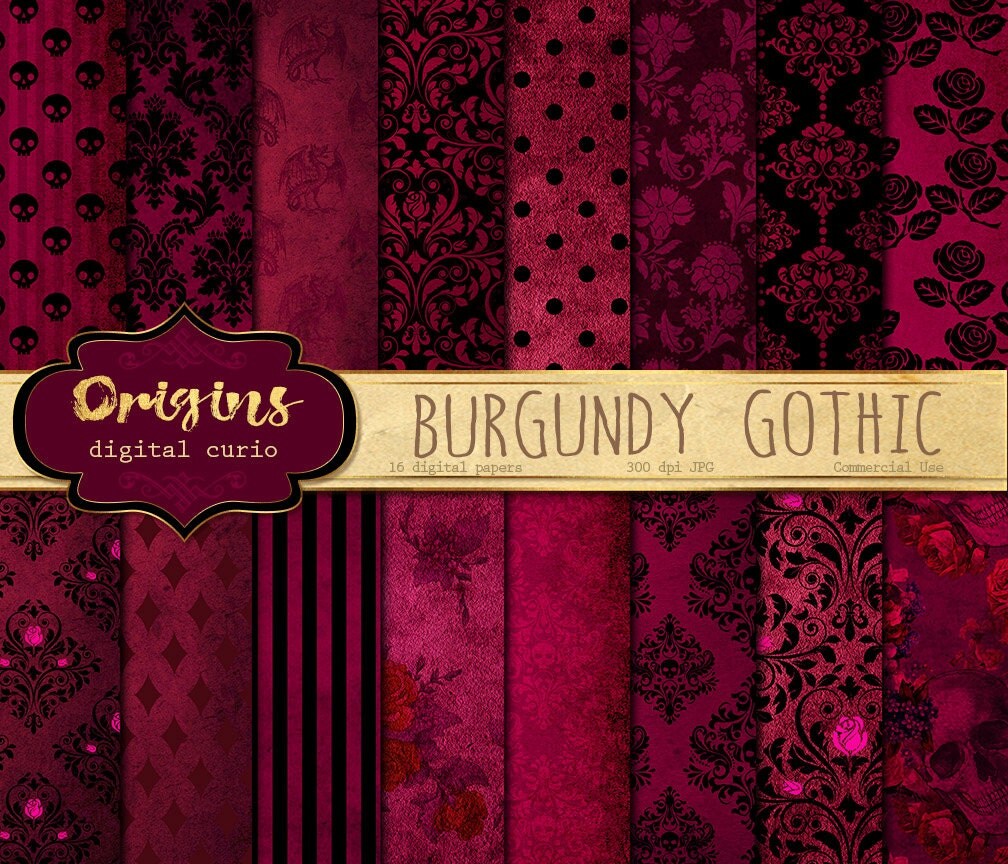 Download Burgundy Gothic digital paper skull damask Halloween