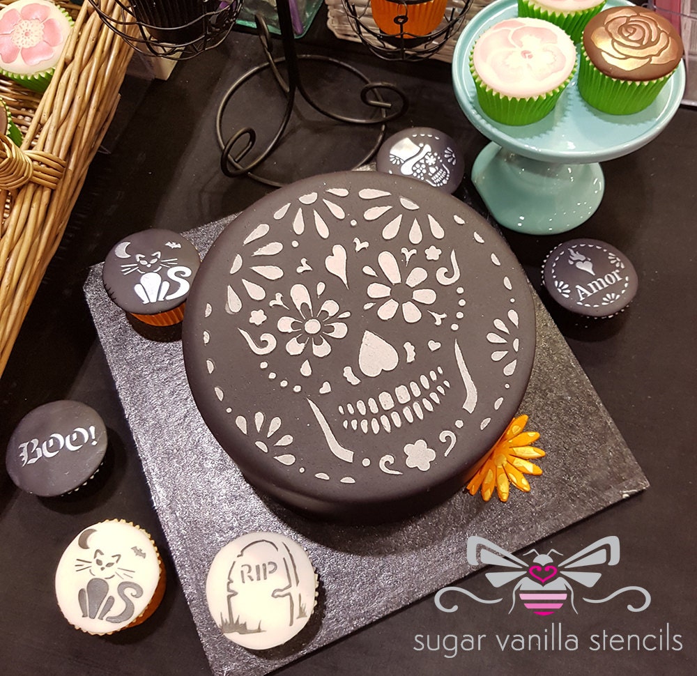 Sugar Skull Cake Stencil Halloween or Dia by SugarVanillaStencils