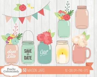 BUY 2 GET 1 FREE 50 Chic Mason Jars Clip Art / Wedding Mason Jar Clipart / Floral save the date jar vector illustration - commercial use ok