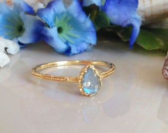 20% off- SALE!! Labradorite Ring - Genuine Gemstone - Stacking Ring - Gold Ring - Bezel Ring - Hammered Ring - Simple Ring - Rainbow Ring