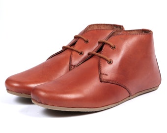 Aspele Tan Leather Flat chelsea Ankle boots,Lace Up