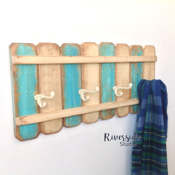 Wood Rustic Coat Rack Nautical Blue / Coat by RiversideStudioON
