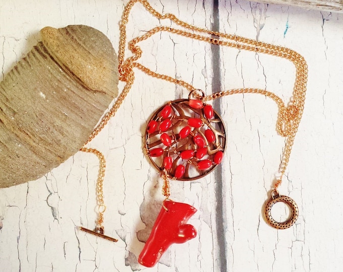 Red Coral Necklace ~ Long Bohemian Art Deco Copper Pendant ~ Wire Wrapped Tropical Inspired Birthday Gift for High Fashion Girlfriend, BFF