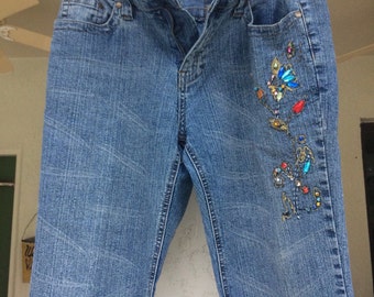 Vintage Jeans, Embellished Jeans, 1970's Jeans, Size 30 Jeans, Studded Jeans, Embroidered Jeans, Old Jeans, Jeans, Flared Jeans, Blue Jeans