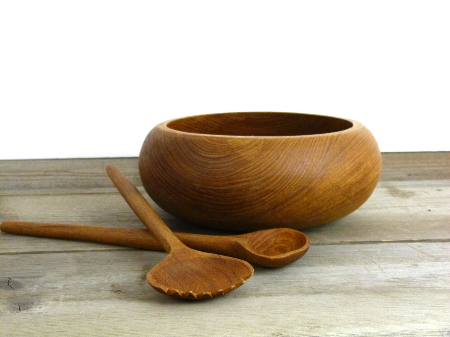 Vintage teak salad bowl with servers wooden salad bowl