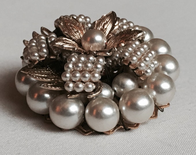 Storewide 25% Off SALE Vintage Silver & Gold Tone Floral Creamy Pearl Beaded Designer Brooch Pin Featuring Multilayered Design