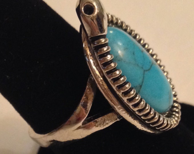 Storewide 25% Off SALE Vintage Silver Tone Oversized Oval Turquoise Designer Cocktail Ring Featuring Unique Circling Serpent Snake Garland T