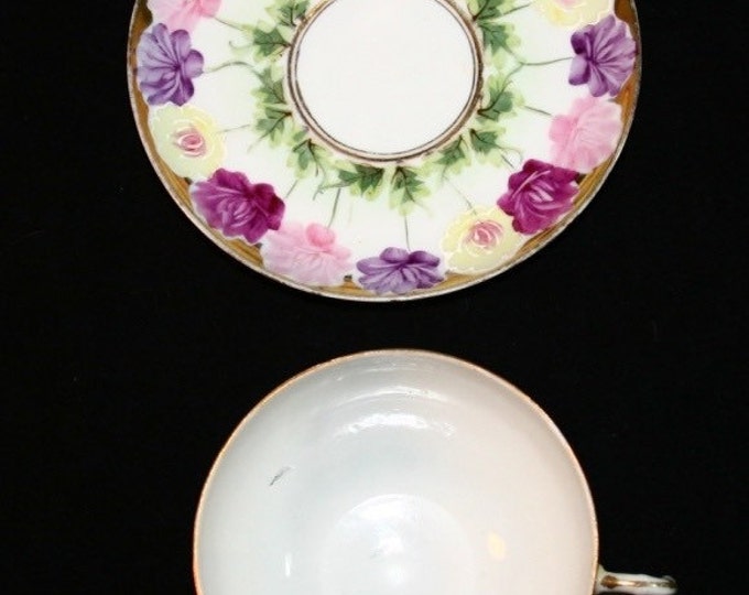 Storewide 25% Off SALE Vintage Gold Trim Fine Japanese Porcelain Teacup & Matching Saucer Featuring Eggshell Pastel Floral Designs