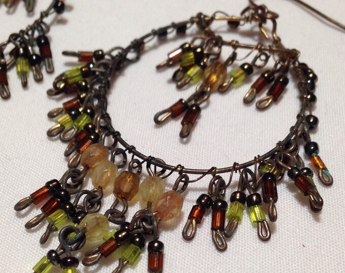 Storewide 25% Off SALE Vintage Beaded Chandelier Hoop Earrings Featuring Earth Tone Segmented Beads With Wire Frame Design