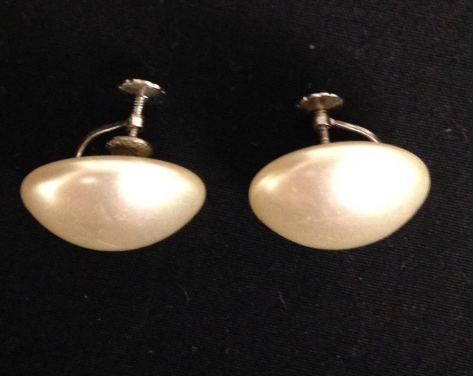 Storewide 25% Off SALE Vintage Silver Tone Creamy Pearl Style Richelieu Designer Signed French Post Earrings Featuring Large Oval Design