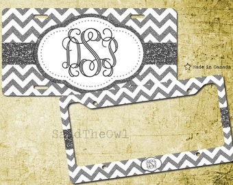 White and Silver, Grey, Glitter, Chevron Pattern, Cute Vanity Car Tag, Bike Tag, License Plate Frame - monogrammed license plate, 12